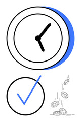 Clock indicates time management, checkmark reflects task completion or reliability, and coins represent financial value or savings. Ideal for productivity, planning, finance, time tracking, success