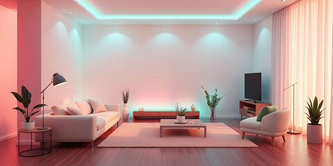 minimalist living room interior mockup, modern furniture and greenly decorative, white sofa and armchair, created by generative ai