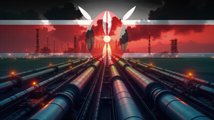 Oil pipelines leading to a refinery, overlaid with the Kenya flag. A concept of energy industry, fuel production, and economic power.