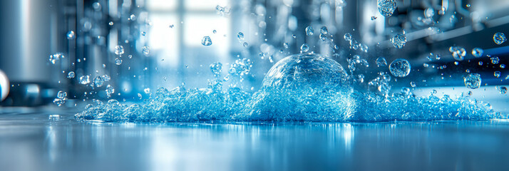 Water droplet explosion in aquatic blue, a liquid burst motion, cascading with dynamic energy for refreshing beverage ad