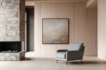 A minimalist living room with light wood finishes, a modern stone fireplace, a single gray armchair, and an abstract painting