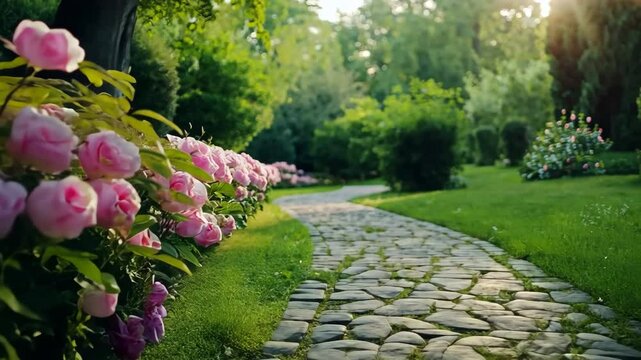 A path in a park with a stone walkway and pink flowers. The flowers are in full bloom and the path is surrounded by trees. Scene is peaceful and serene, with the flowers and trees creating a beautiful