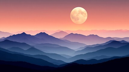 Serene twilight landscape: Full moon softly illuminates hazy blue mountains. AI Generated