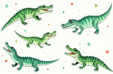 Seamless watercolor pattern with crocodiles on white background