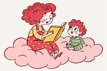 27 Whimsical illustration, mother and child reading together, sitting on pink cloud, curly red hair, colorful clothes, storybook, nurturing moment, children's book style, soft pastel colors, floating 