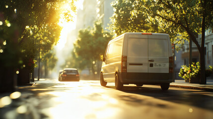 White Delivery Van on Street with Warm Sunlight Gleaming Through Trees in an Urban Environment