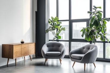 Fototapeta premium Modern living room corner with large windows and potted plants