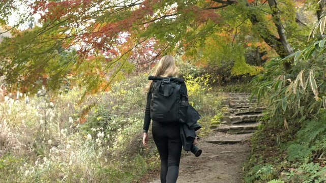 A woman peacefully hiking along the historic Nakasendo Trail in Japan, surrounded by picturesque mountain landscapes and traditional Japanese villages.