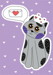 Illustration of a cute cat on a violet background with hearts, can be used as a print for clothes, dishes, notebooks and other accessories