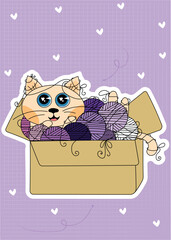Illustration of a cute cat on a violet, background with hearts, can be used as a print for clothes, dishes, notebooks and other accessories