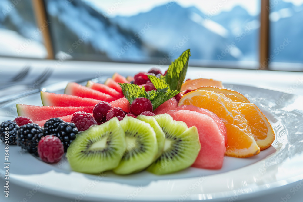 Poster plate of fruit with a view of mountains in the background. the plate is full of different types of f