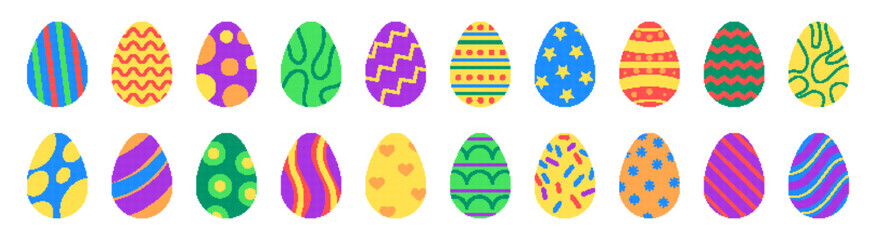 Pixel egg. Easter game. Icon retro cartoon, simple shape. Easter egg element, pixel art, 8 bits set. Colored symbol geometrical pattern, colourful ornamental sign. Vector garish isolated illustration
