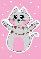 Illustration of a cute cat on a pink background with hearts, can be used as a print for clothes, dishes, notebooks and other accessories