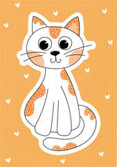 Illustration of a cute cat on a yellow background with hearts, can be used as a print for clothes, dishes, notebooks and other accessories