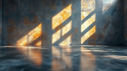 Obraz premium Warm sunlight streams through window creating dramatic shadows on textured wall. AI Generated