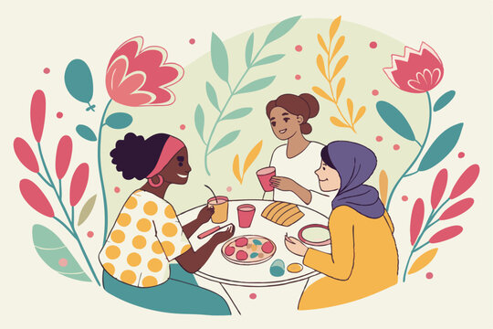 28 Colorful illustration, women gathering, table with food and drinks, friendship, community, floral background, vibrant colors, whimsical style, hand-drawn aesthetic, casual atmosphere, diverse chara