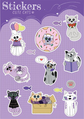Cute Cats Sticker Set On Violett Background Made A Adob Illustrator