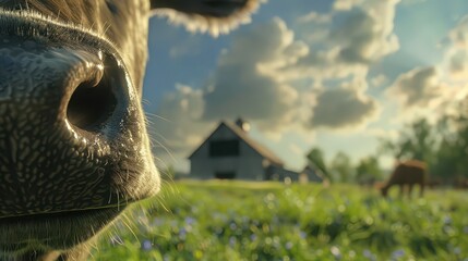 Obraz premium A close-up of a cowâ€™s nose with a barn and grazing pasture in the background.
