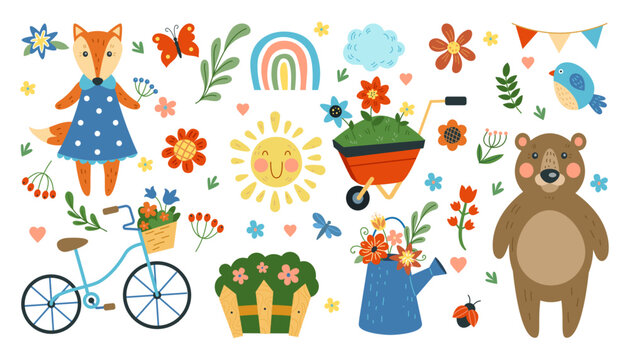 Cute animals. Spring plant flowers. Happy bird. Summer sun. Fox and bear. Butterflies in garden. Springtime sun. Sprouting branch with bloom. Cartoon nature. Vector decorative flat tidy elements set