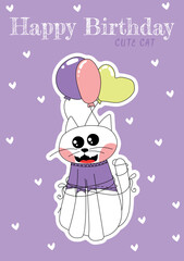 Illustration of a cute cat with hearts on a pмшщдуе background happy birthday can be used as a card or invitation 