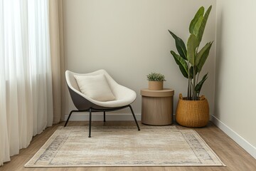 A minimalist reading nook with a sleek chair, a round side table, a neutral-toned rug, and a soft potted plant