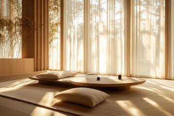 A minimalist room featuring warm tones, soft light filtering through tall windows, a rounded-edge coffee table, and plush cushions adding