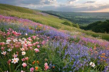 Obraz premium Vibrant wildflowers carpet a hillside, creating a stunning display against a backdrop of rolling green hills under a cloudy sky.