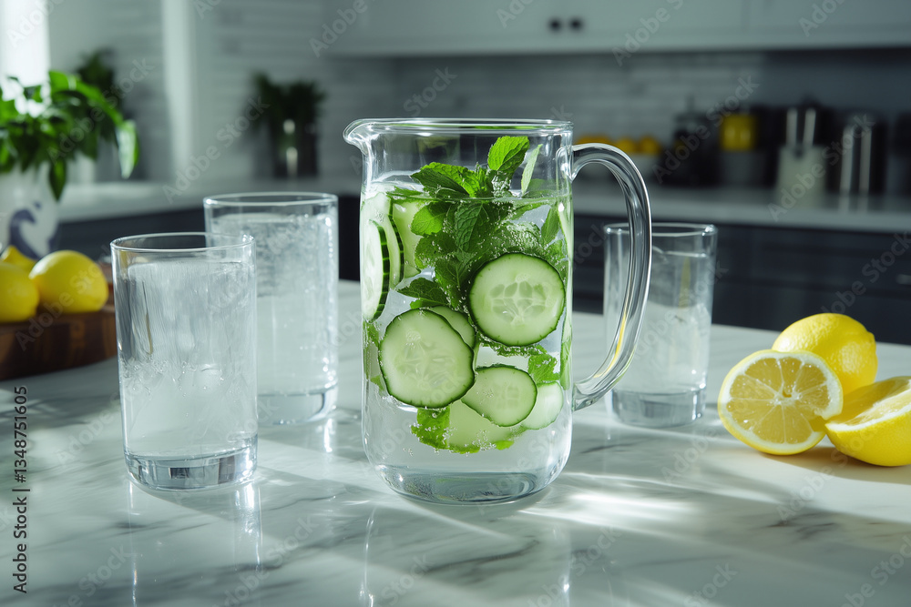 Poster pitcher of cucumber water sits on a table with glasses and lemons. the pitcher is filled with cucumb
