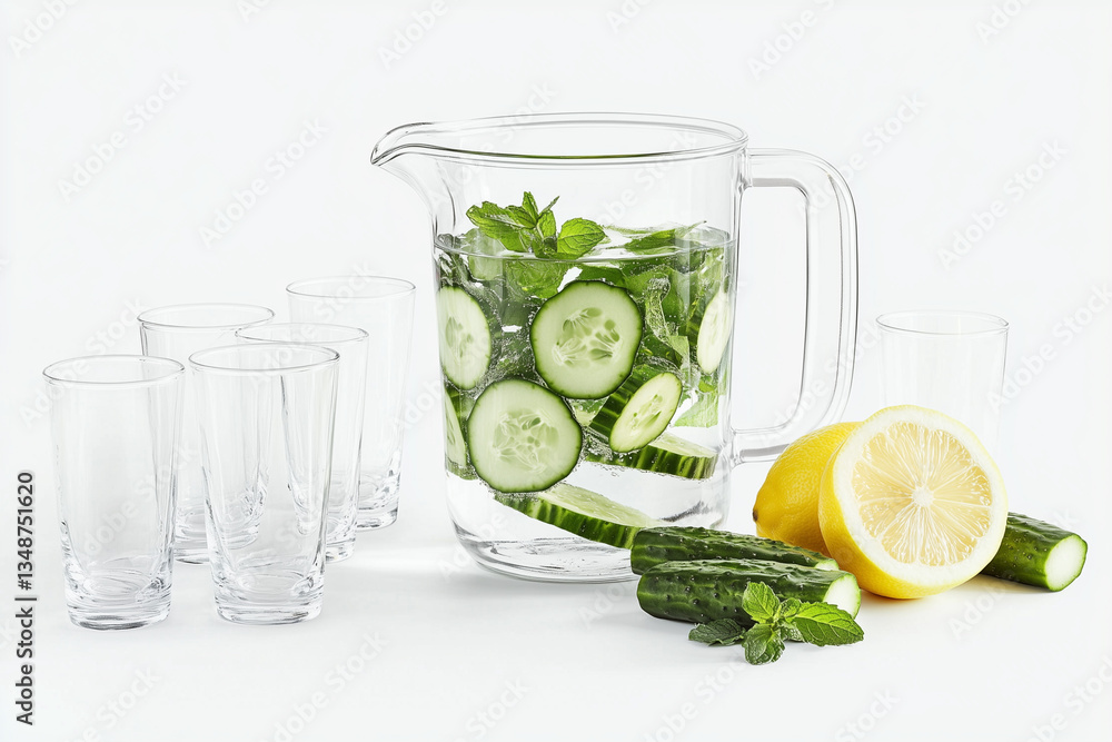 Poster pitcher of water with cucumbers and lemon slices is on a table with six glasses. the pitcher is full