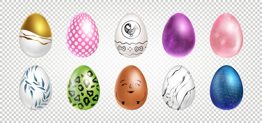 Easter egg 3D. Colorful spring holiday element. Realistic decorative pattern. Gold metal, yellow, orange symbol. Luxury metallic premium isolated elements. Pattern decor on celebration. Vector eggs