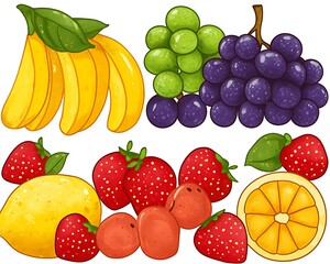 A vibrant illustrated collection of several different kinds of fruit