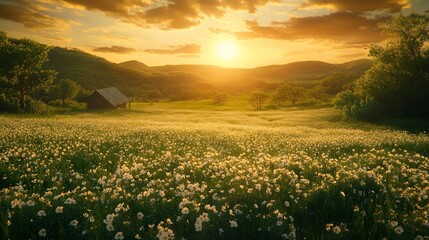 Obraz premium Golden hour meadow bathed in sunlight, wildflowers bloom near a wooden cabin in hills