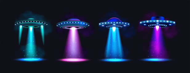 UFO abduction. Green blue alien spaceship with bright cosmic light beam. 3D fantasy saucer, science fiction object in glowing galaxy background. Rocket, sci-fi technology. Vector spaces isolated set © Natalia