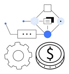 Flowchart with nodes, lines, and gear symbolizing process optimization dollar coin representing funding and finance. Ideal for business, strategy, finance, technology, workflow, process improvement