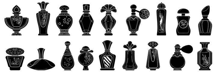 Icon bottle fragrance. Perfume cologne black silhouette. Scent smell. Vintage cosmetic aromatherapy. Luxury product, glass container. Emblems or label set. Vector perfumery sign, isolated illustration