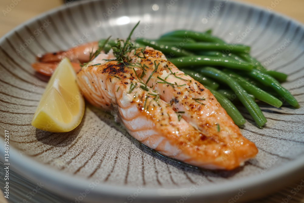 Poster plate of food with a piece of salmon and a lemon wedge. the salmon is cooked and has a crispy crust.