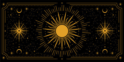 Magic frame. Mystic background with star, fantasy moon. Astrological celestial witchcraft. Esoteric border bohemian ornament. Vintage line gold symbols. Vector elegant horizontal background design