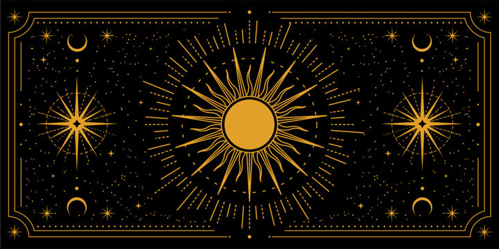 Magic frame. Mystic background with star, fantasy moon. Astrological celestial witchcraft. Esoteric border bohemian ornament. Vintage line gold symbols. Vector elegant horizontal background design