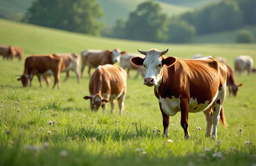 Cattle herd grazing in green meadow. Dairy cows, farm animals, graze grass on pasture. Agriculture, livestock, farming. Summer sunny landscape, countryside. Milk production.