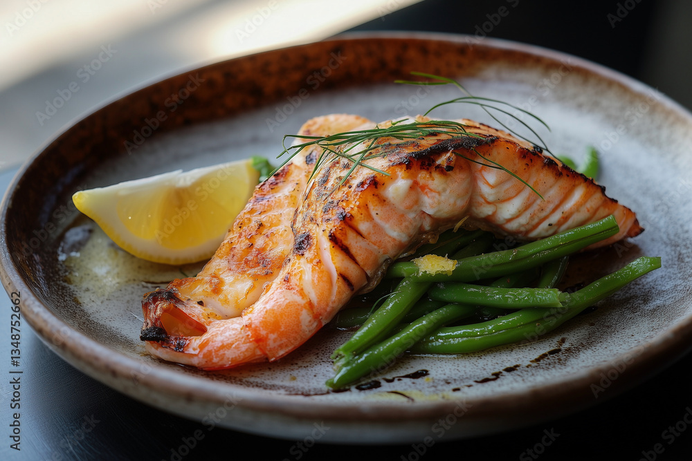 Poster plate of food with a piece of salmon and a lemon wedge. the salmon is cooked and has a nice sear. th