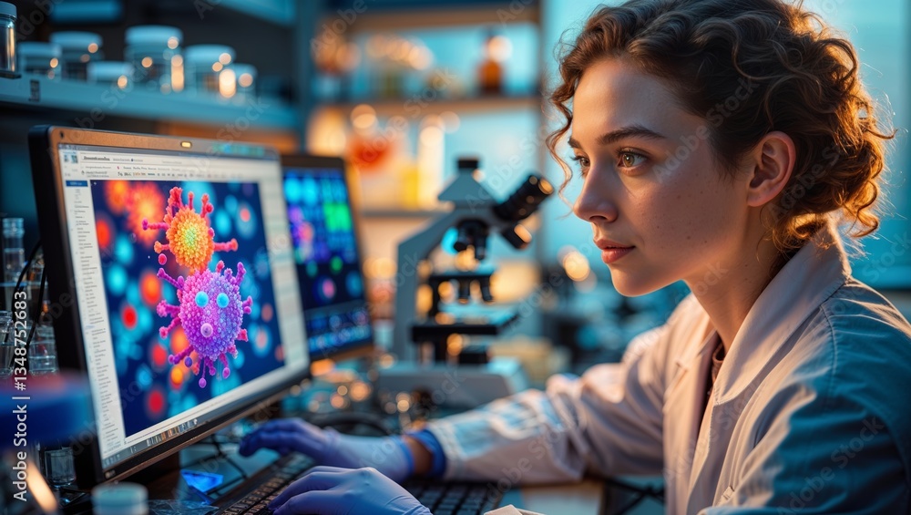Poster scientist analyzing virus structure using advanced imaging technology in laboratory during evening h