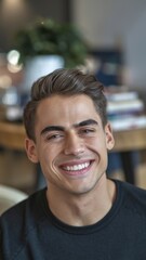 Man with perfect Hollywood smile poses confidently in a cozy indoor setting with warm lighting and natural decor