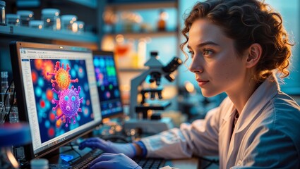 Scientist analyzing virus structure using advanced imaging technology in laboratory during evening hours