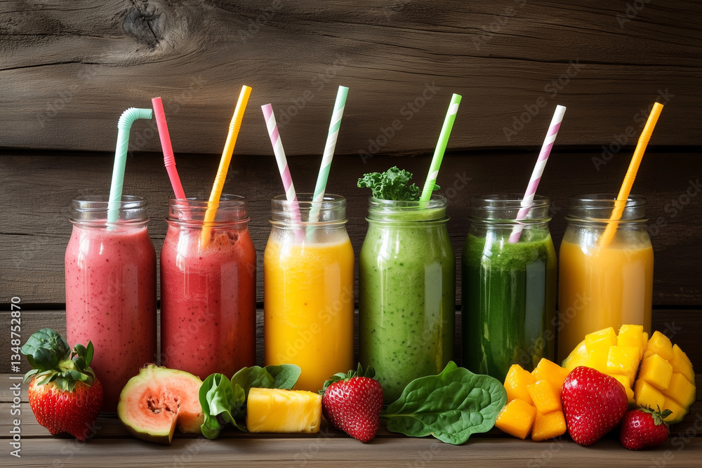 Poster row of colorful smoothies with straws in them. the smoothies are arranged in a row on a wooden table