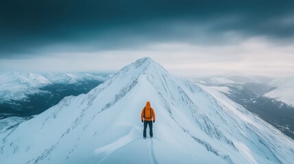 Winter Mountain Ascent: A lone hiker conquers a snow-covered peak, showcasing the vast, breathtaking panorama of a majestic mountain range under a dramatic, moody sky.