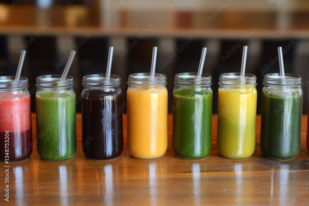 Poster row of mason jars filled with different colored drinks. the drinks are arranged in a line, with the 