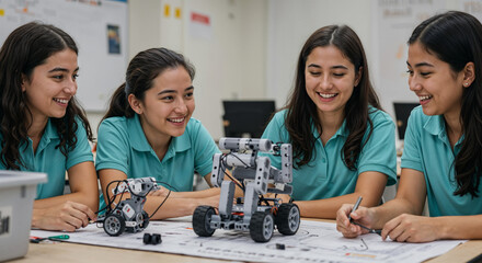 Students participating in robotics class, Hispanic female teenagers working on engineering project, STEM education and collaborative learning at school, women in technology