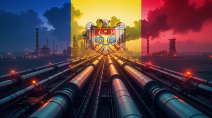 Oil pipelines leading to a refinery, overlaid with the Moldova flag. A concept of energy industry, fuel production, and economic power.