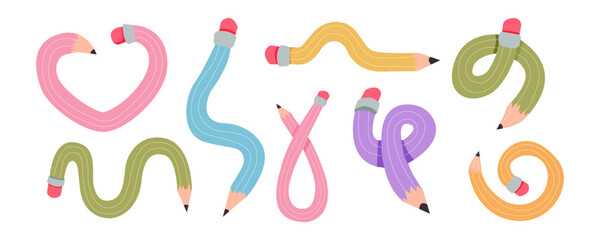 Twisted curved comic pencil doodle sketchy. Line hand drawn simple pencil. Funky flexible school supplies. Trendy writing tool