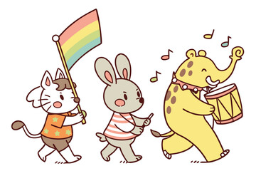29 Colorful cartoon animals, whimsical characters, playful illustrations, children's book style, simple shapes, vibrant colors, anthropomorphic animals, quirky designs, hand-drawn aesthetic, diverse c